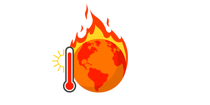 scorching hot earth next to a thermometer reading a high temperature